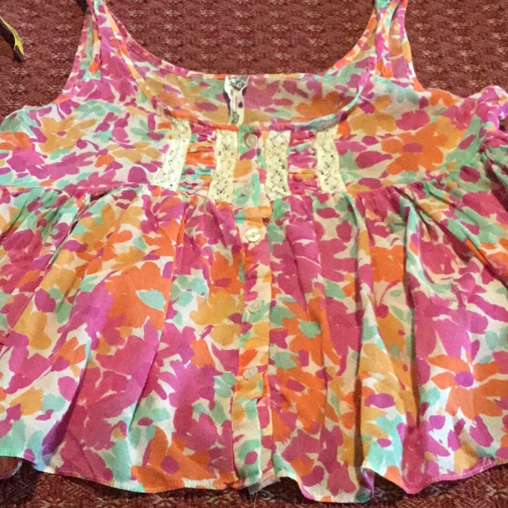 Free People sleeveless button down top purple, yellow turquoise on white